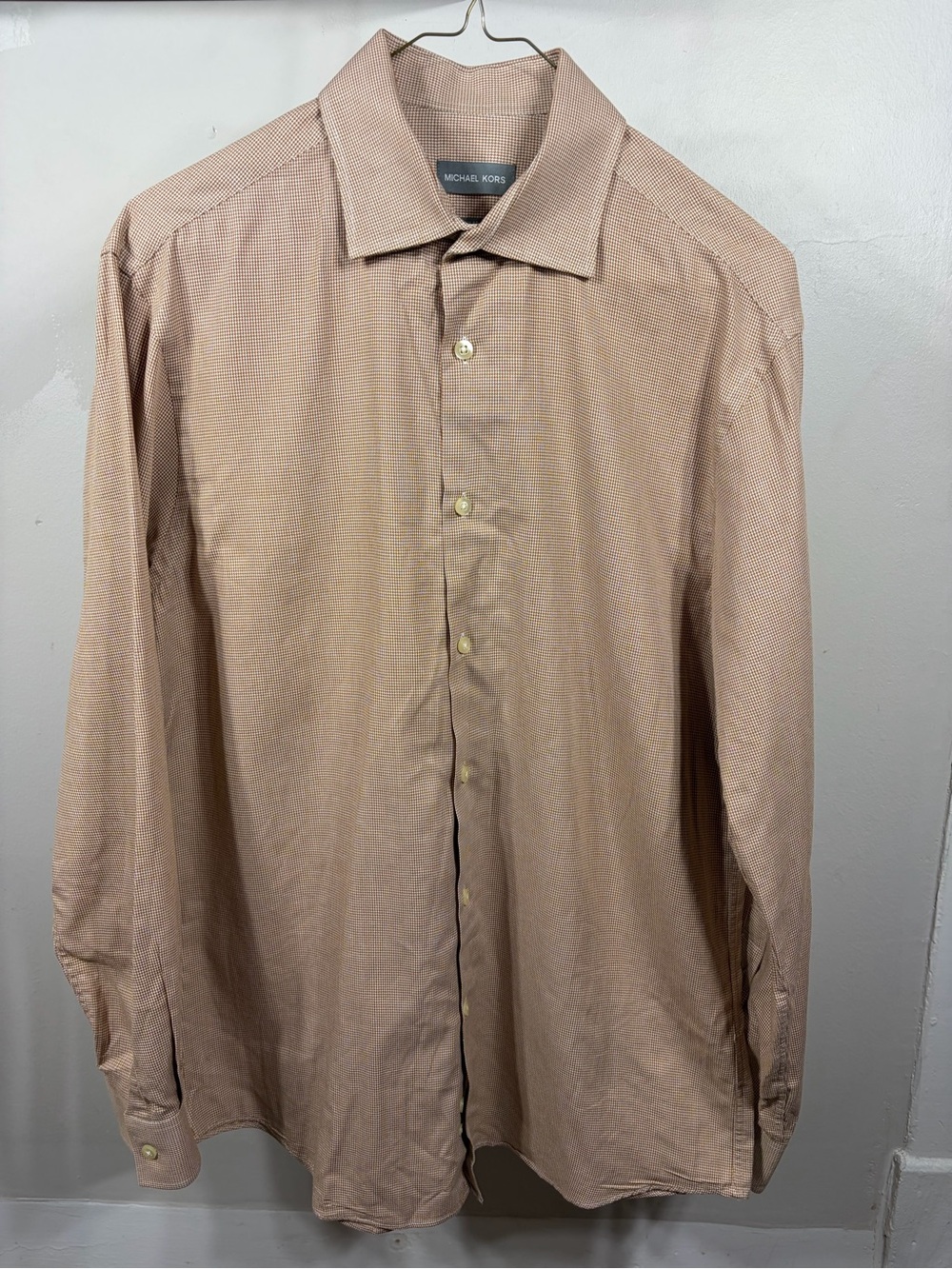 Michael Kors Men’s Light Beige Micro-Check Stretch Button-Up Dress Shirt Stretch